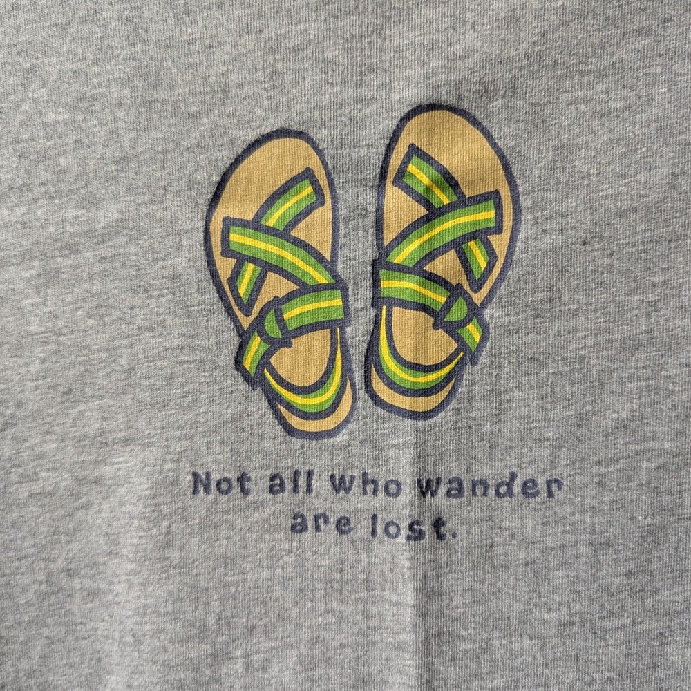 Life is Good Short Sleeve T-Shirt Gray Wander Sandals Graphic Sz L Gorpcore